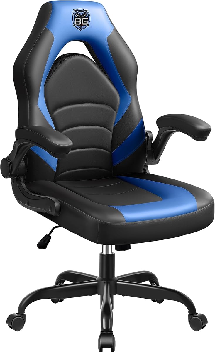 BestGlory Gaming Chair, Leather High-Back Home Office Desk Chair with Flip-Up Arms, Ergonomic Padded Rolling Wheels Swivel Tilt Gamer Computer Chair with Comfy Lumbar Support, Height Adjustable, Blue