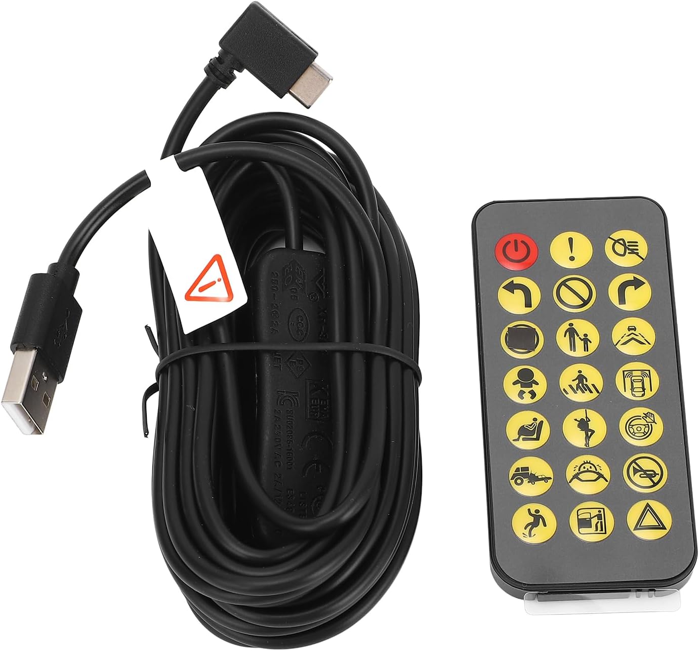 Close-up of the remote control with various function buttons