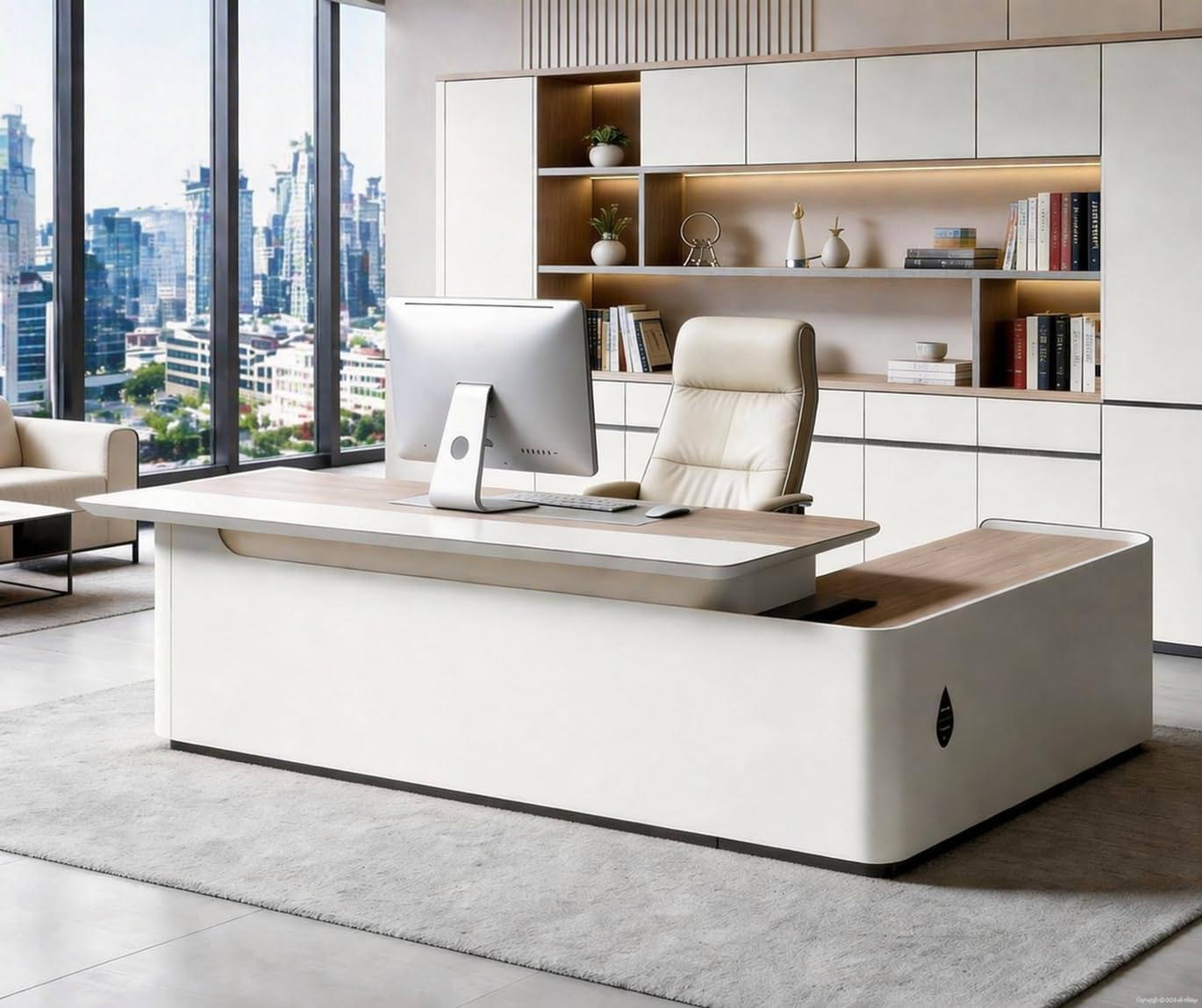 79″ Luxury L-Shaped Executive Desk with Drawers and Power Outlets | Drawer with Leather Pull, 2″ Thick Desktop, CPU Compartment, Spacious Work Surface, Lockable Drawer, Left-Hand Return