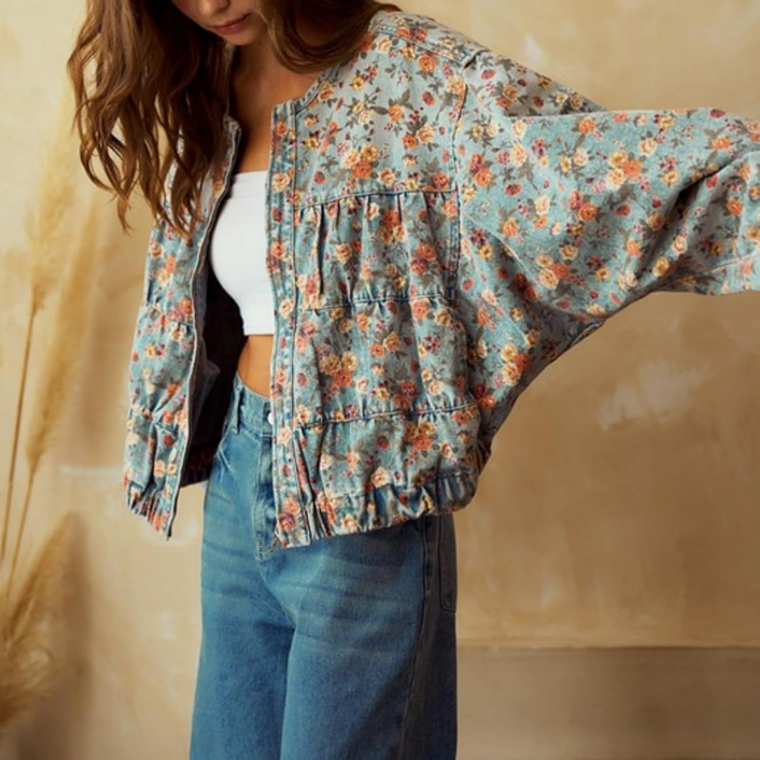 Womens Fall Denim Jacket 2025 Casual Zip Up Oversized Crew Neck Long Sleeve Loose Fit Jean Bomber Jacket - Image 4