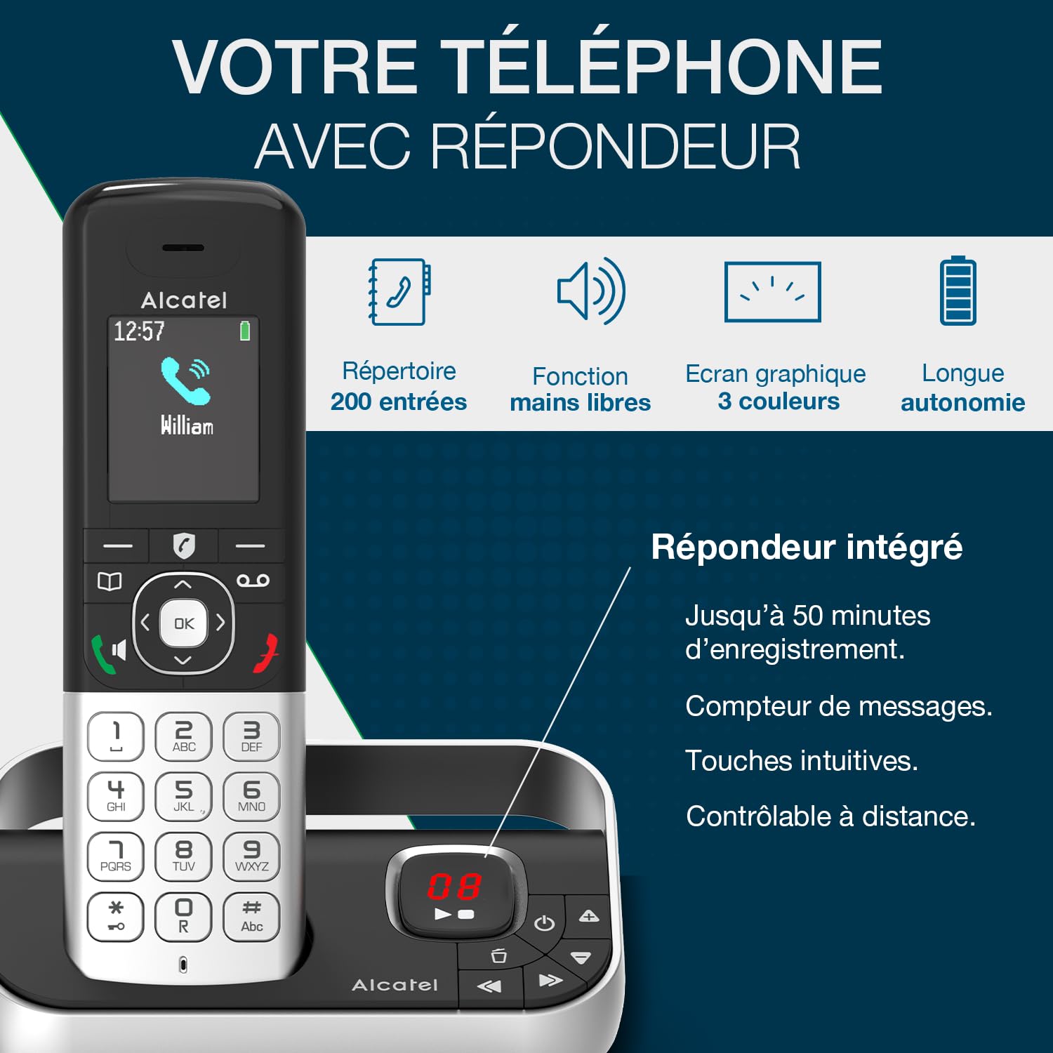 ALCATEL FX990 Voice Trio - Téléphone Fixe sans Fil DECT avec Répondeur 50 Min - Écran Graphique Couleur Haute Résolution - Mains Libres - Blocage des Appels - Sonnerie VIP - 3 Combinés - Noir/Gris