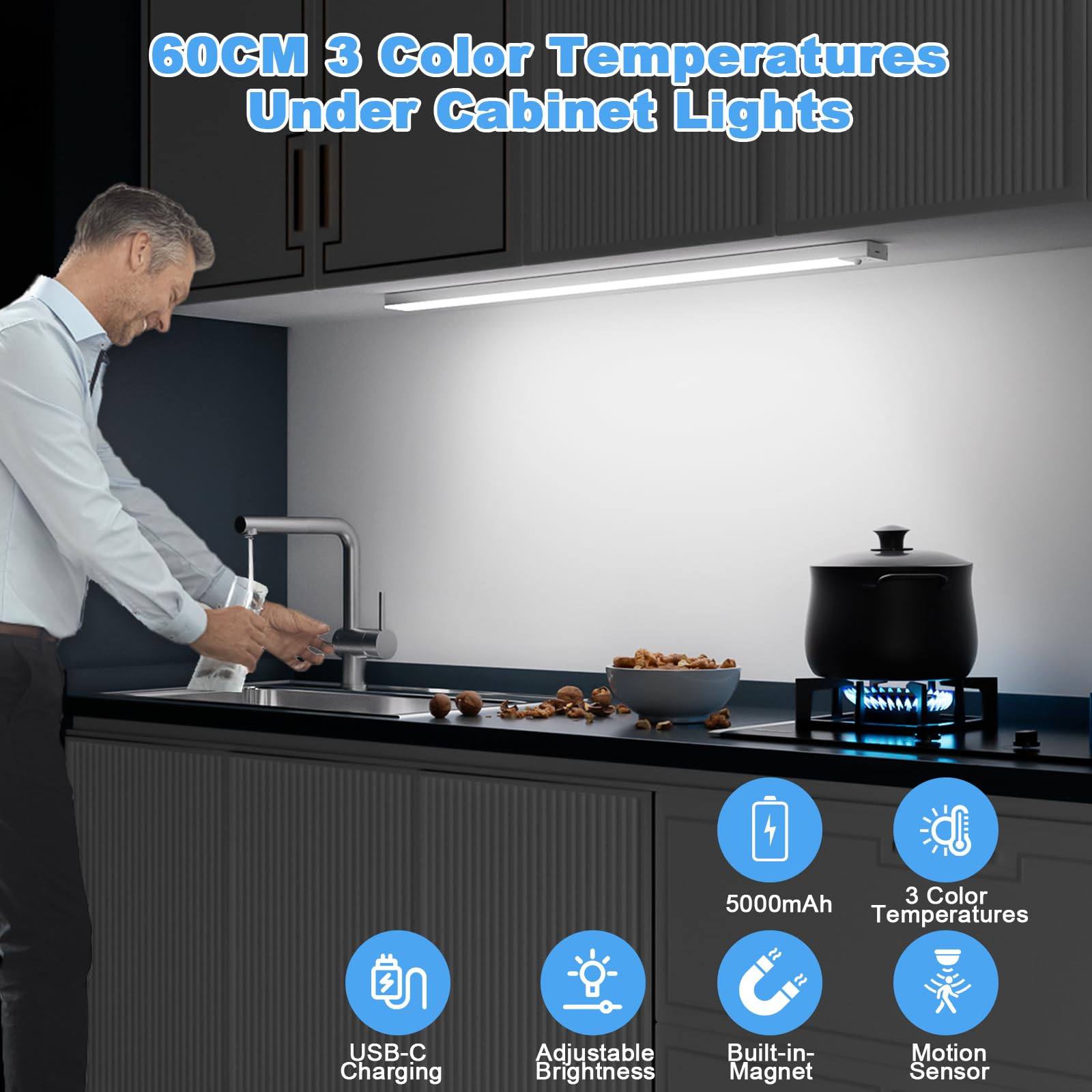 OUILA Luz LED para debajo de los armarios de cocina, 2 unidades de 60 cm, luz LED con sensor, 3000 K-6500 K regulable, 5000 mAh, 156 LED, luces LED con sensor para cocina, armario, escaleras, pasillo,