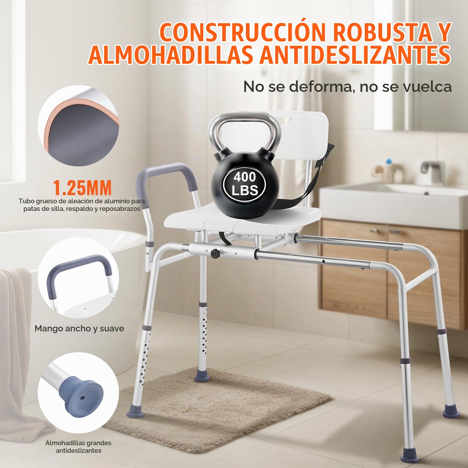 VEVOR Banco de Transferencia Deslizante para Bañera, Altura Ajustable con Asiento Recortado, Respaldo Reversible y Cinturón de Seguridad, para Personas Mayores Discapacitadas, 1050 x 565 x 1020 mm