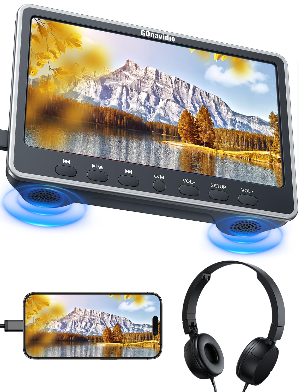 GOnavidio 12" Auto DVD Player mit HDMI-Eingang, Kopfhörer, Montagehalterung, Doppellautsprecher, DVD Player Auto Kopfstütze, Auto Fernseher unterstützt Sync Screen, AV EIN- und Ausgang ohne Akku