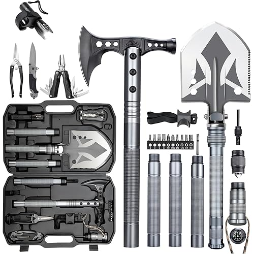 ZENHOSIT Multifunctional Folding Tactical Shovel Hatchet Combo - With Axe, Flashlight, Extension Handles - For Camping, Cycling, Hiking - 19.3-40.9 Inches
