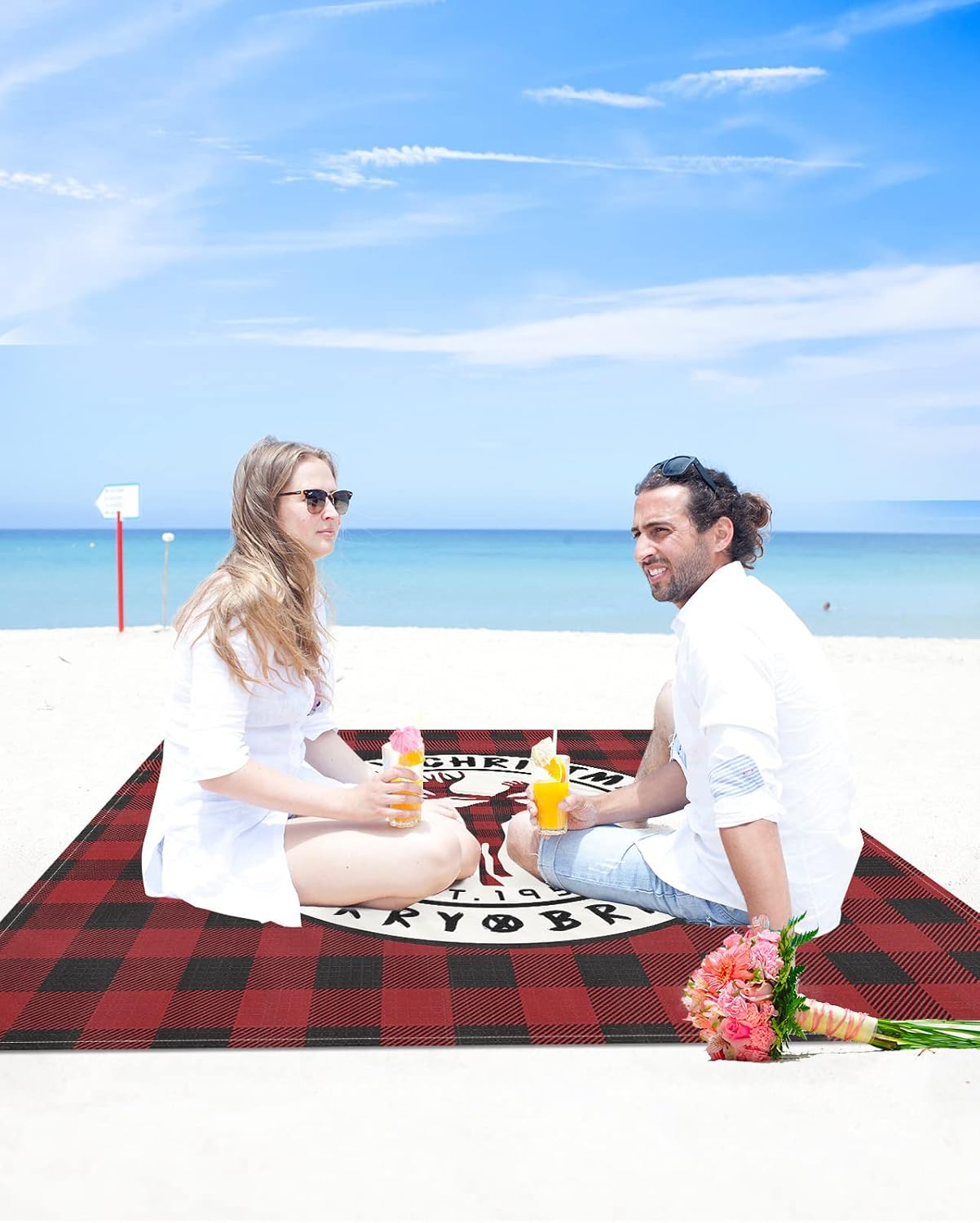 Winter Christmas Plaid Elk Beach Blanket Waterproof Sandproof Outdoor Picnic Mat 83"x79" Retro Buffalo Grid Lightweight Large Beaach Blankets with 4 Stake & 4 Corner Pockets