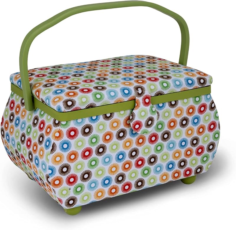 Cesta de costura curvada grande Dritz, multicolor retro