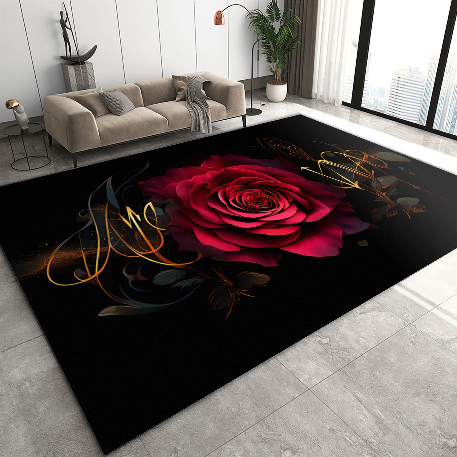 Modern Red Rose Area Rug, Light Luxury Flannel Rug, No Creases Carpets Indoor Noise Reduction, Suitable for Bedroom Living Room Dining Room Laundry Room Play Room Office Valentine's Day-120 x 180 cm