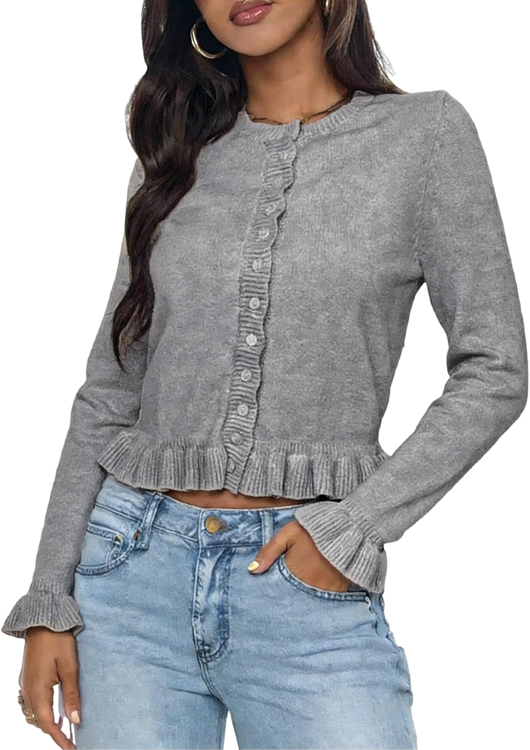 Women's Ruffle Trim Knitted Cardigan Botton Up Long Sleeve Crop Sweater Tops 2026 Y2k Fashion Fall Outfits