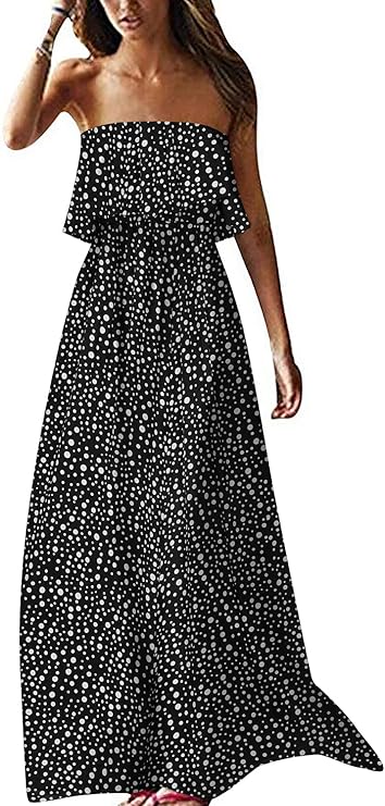 ZMPSIISA Women's Summer Off The Shoulder Maxi Dress Ruffle Strapless Blue White Porcelain Boho Casual Loose Long Dress