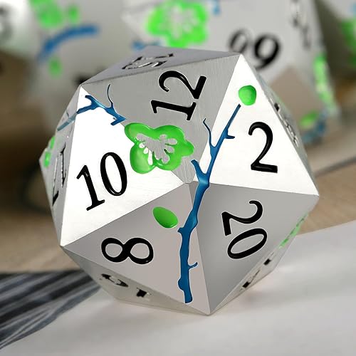 Miniatura 5 de DNDND - Juego de 7 dados de metal que brillan en la oscuridad, juego de 7 dados metálicos verdes con caja de regalo para juego de mesa de Calabozos