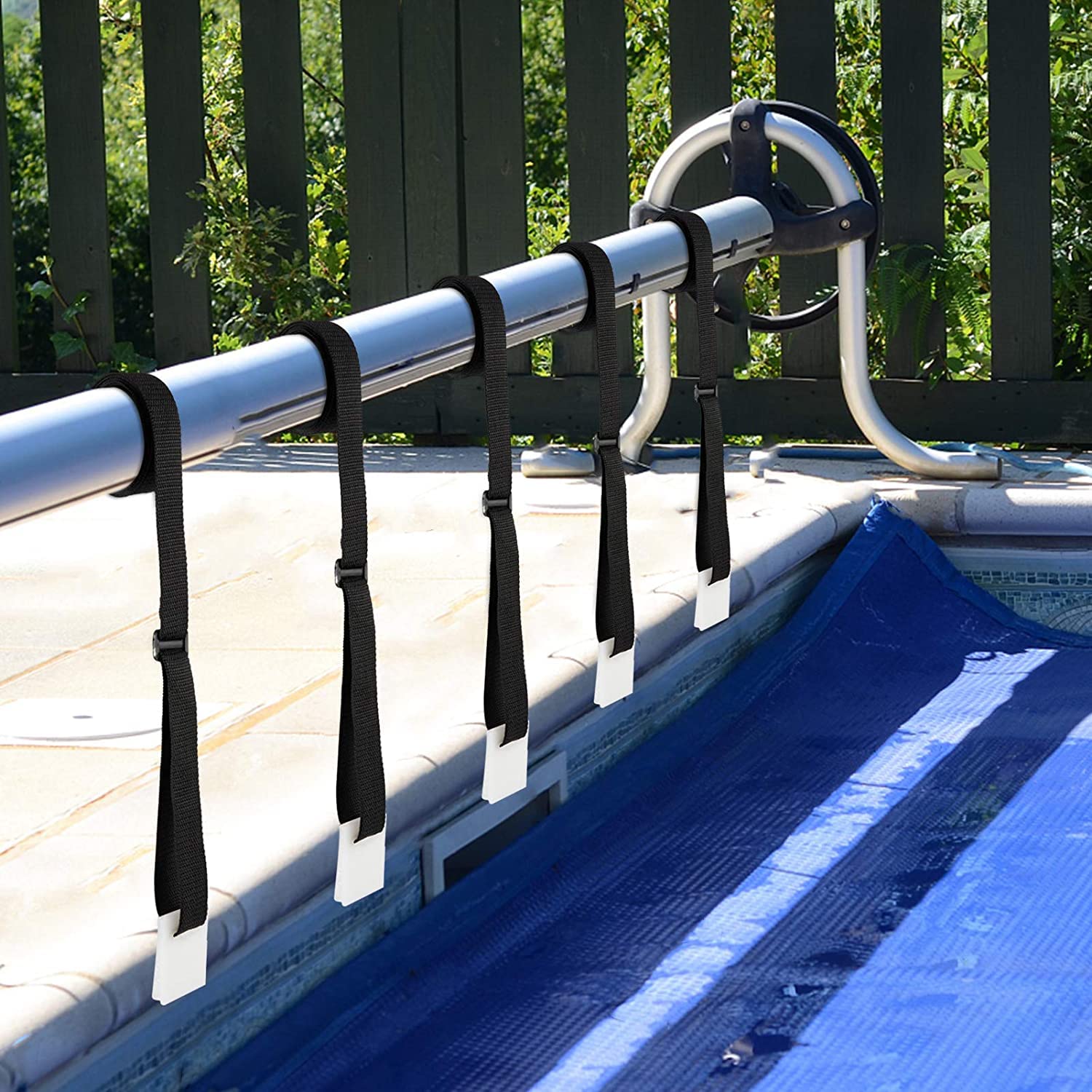 Kit de Fijación Poweka para Carrete de Cubierta Solar de Piscina - Incluye 10 Correas Universales, 10 Placas y 10 Hebillas