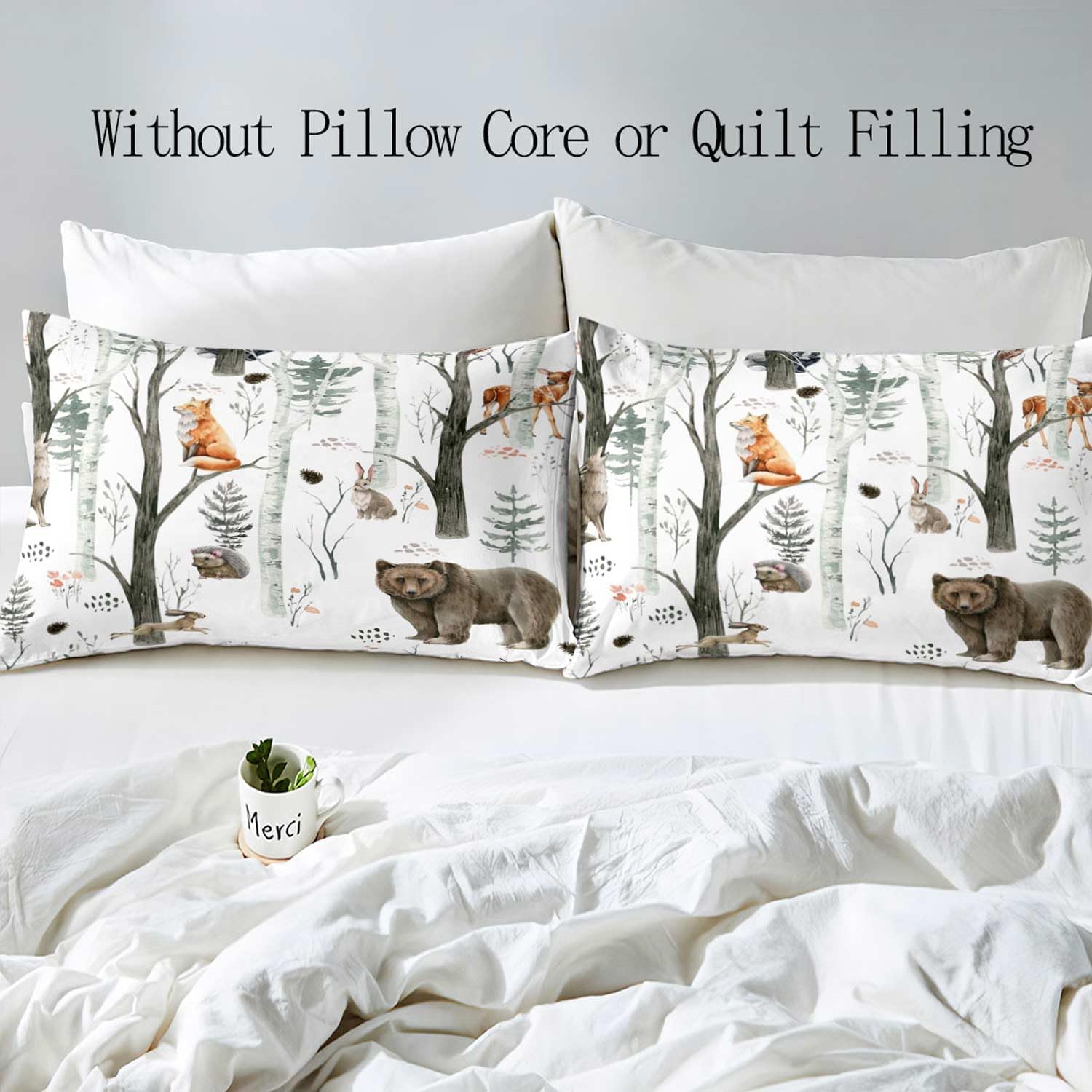 VIVIHOME 2PCS Woodland Forest Animal Duvet Cover Twin Bedding Sets, White Duvet Cover, Toddler Baby Boys Girls Kids Bedding, Bear Deer Fox Wolf Rabbit Rustic Lodge Cabin Comforter Cover, 1 Pillowcase