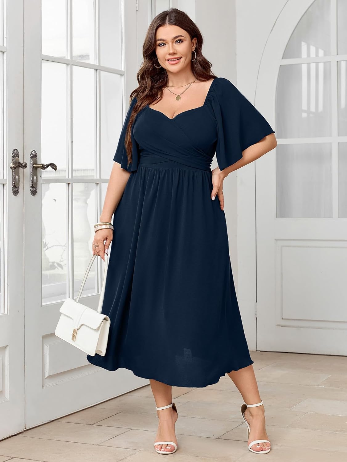 Women's Plus Size Midi Dress Sweetheart Neck Short Sleeve Wedding Guest Cocktail A Line Flowy Dress - Image 7