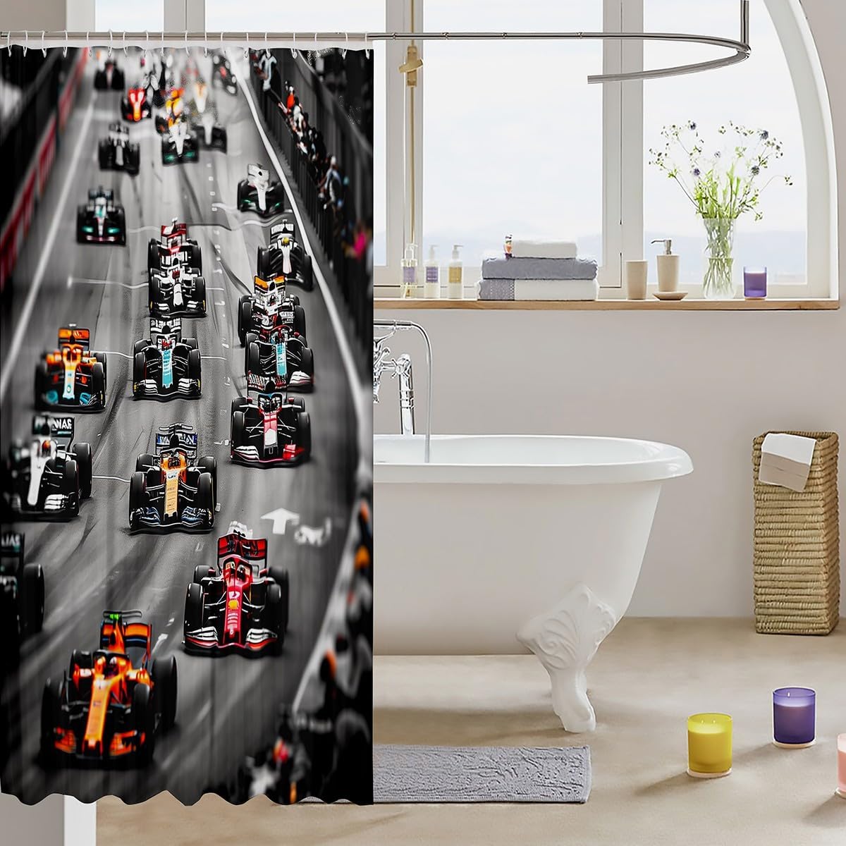 Racing Car Waterproof Shower Curtains Extreme Sports Theme Fabric Bathroom Shower Curtain Race Car Competition Dorm Bathtubs Decor Modern Luxury Grey Curtain 72 x 84 Inch