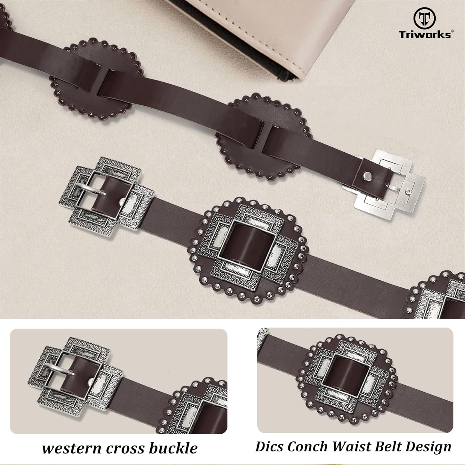 TRIWORKS Women Western Concho Leather Belt Cowgirl Boho Belt Chunky for Dresses Concert Festival - Image 3