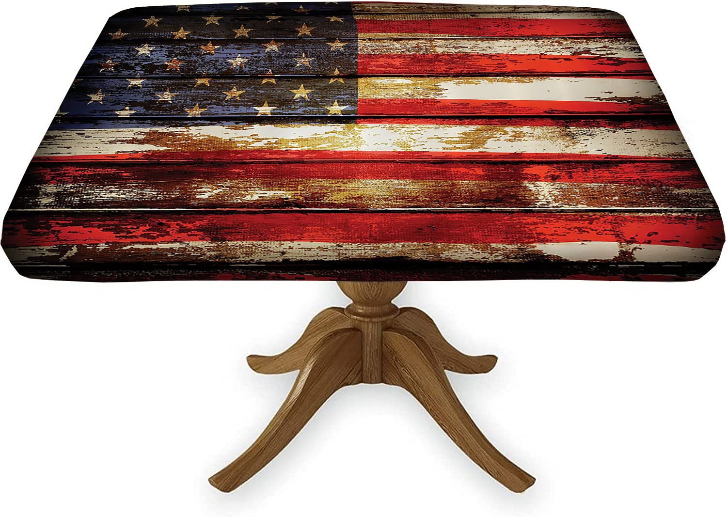 American Flag Elastic Edged Square Tablecloth, Old Rusty Weathered Vintage Plank Independence Day Table Cover, for Indoor Holiday Family Banquet and