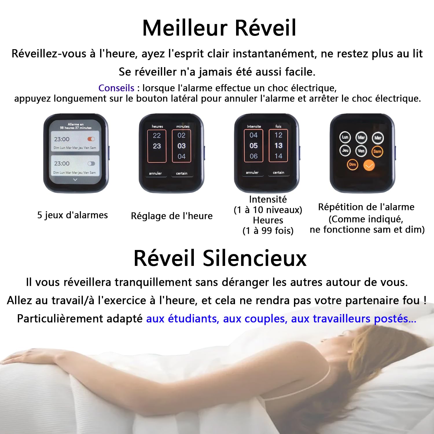 Reveil Matin - Reveil Puissant Gros Dormeurs - Reveil Numerique Silencieux pour Sourd - Reveil Analogique Intelligent Ado Enfant Voyage - Réveil Numérique pour Jour et sans Lumiere la Nuit