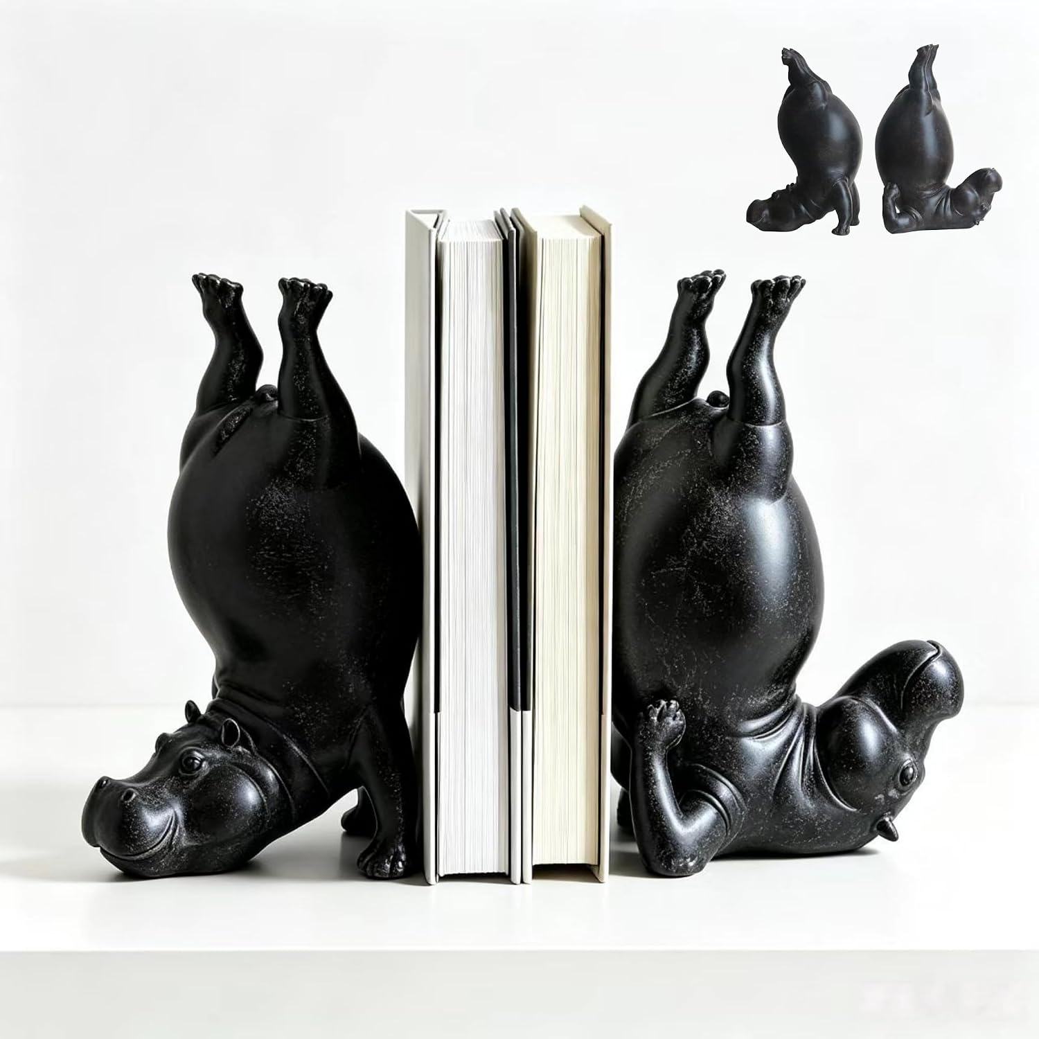 Resin Hippo Bookends Set of 2 for Bookshelf Office Desk Living Room Decor