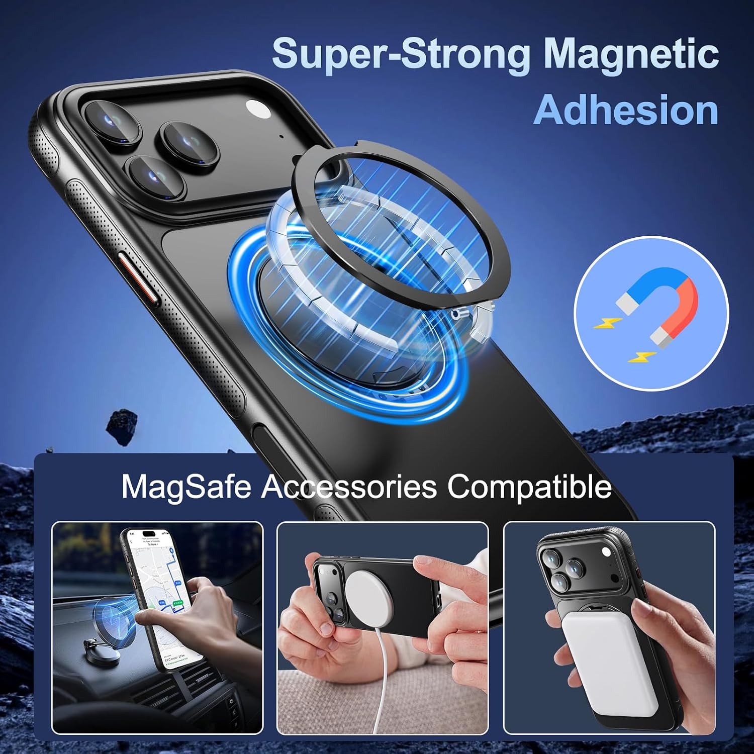 for iPhone 17 pro Case 360°Rotating Magnetic Metal Stand MagSafe Compatible Military-Grade Shockproof & Drop Protection Dedicated Camera Control Button Semi-Transparent Matte Black