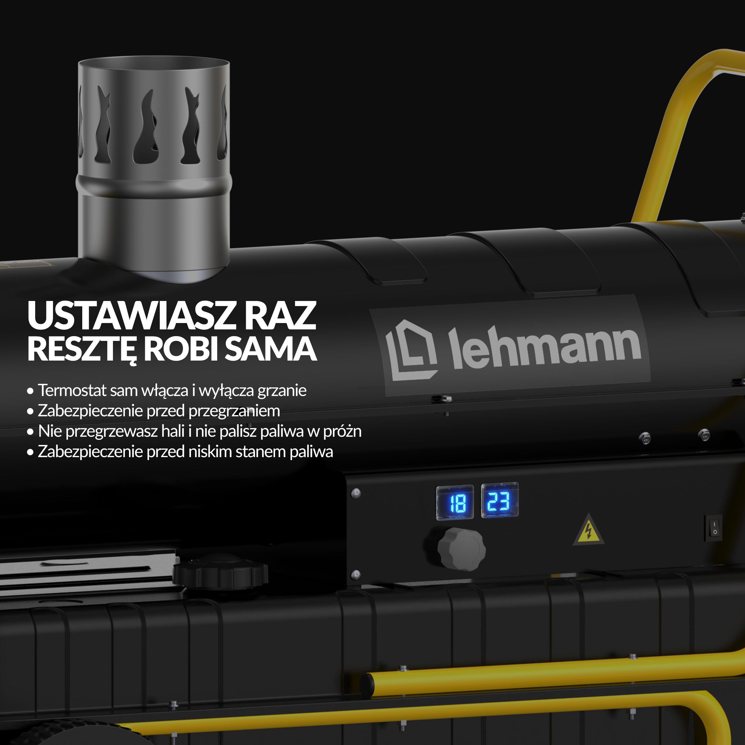 LEHMANN Nagrzewnica Olejowa 30 kW z Kominem, Nagrzewnica Diesla 793 m³/h, Nagrzewnica Nadmuchowa, Budowlana, Pośrednie Spalanie, Termostat, Zbiornik 50 l, Warsztat, Budowa, Magazyn