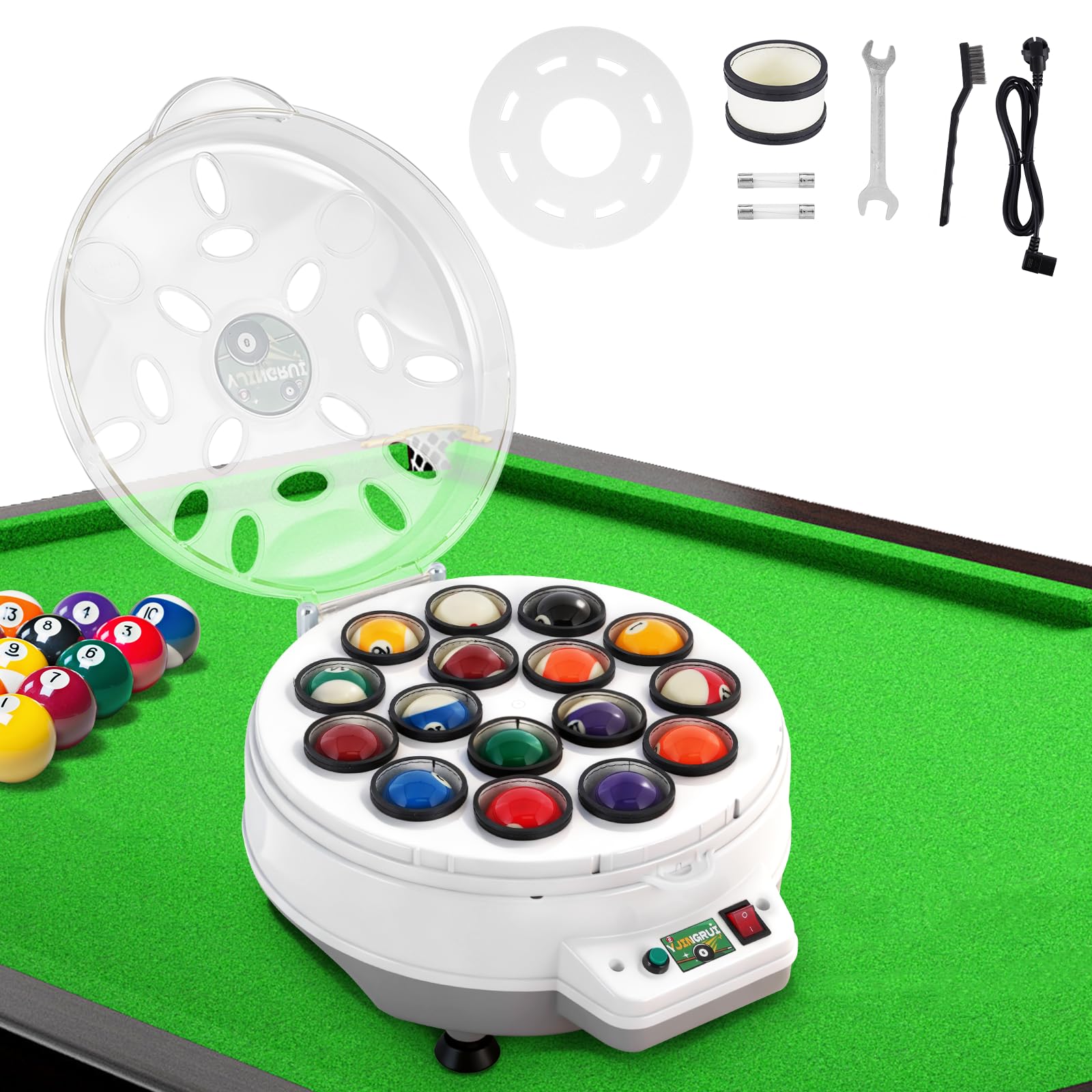 YJINGRUI Automatic Billiard Ball Cleaner, 16-Ball Pool Ball Cleaner Polishing Machine, Billiard Ball Cleaning Machine, with Wrench and Brush for 57.2 mm Billiard Balls