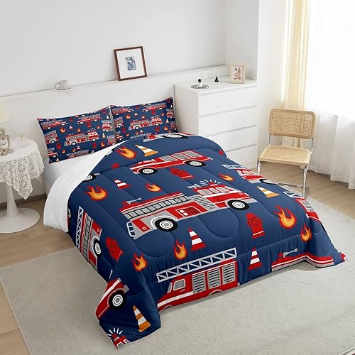 Miniatura 4 de Juego de ropa de cama de coche de dibujos animados para niños, niñas, adolescentes, decoración de habitación, edredón de bomberos, automóvil,