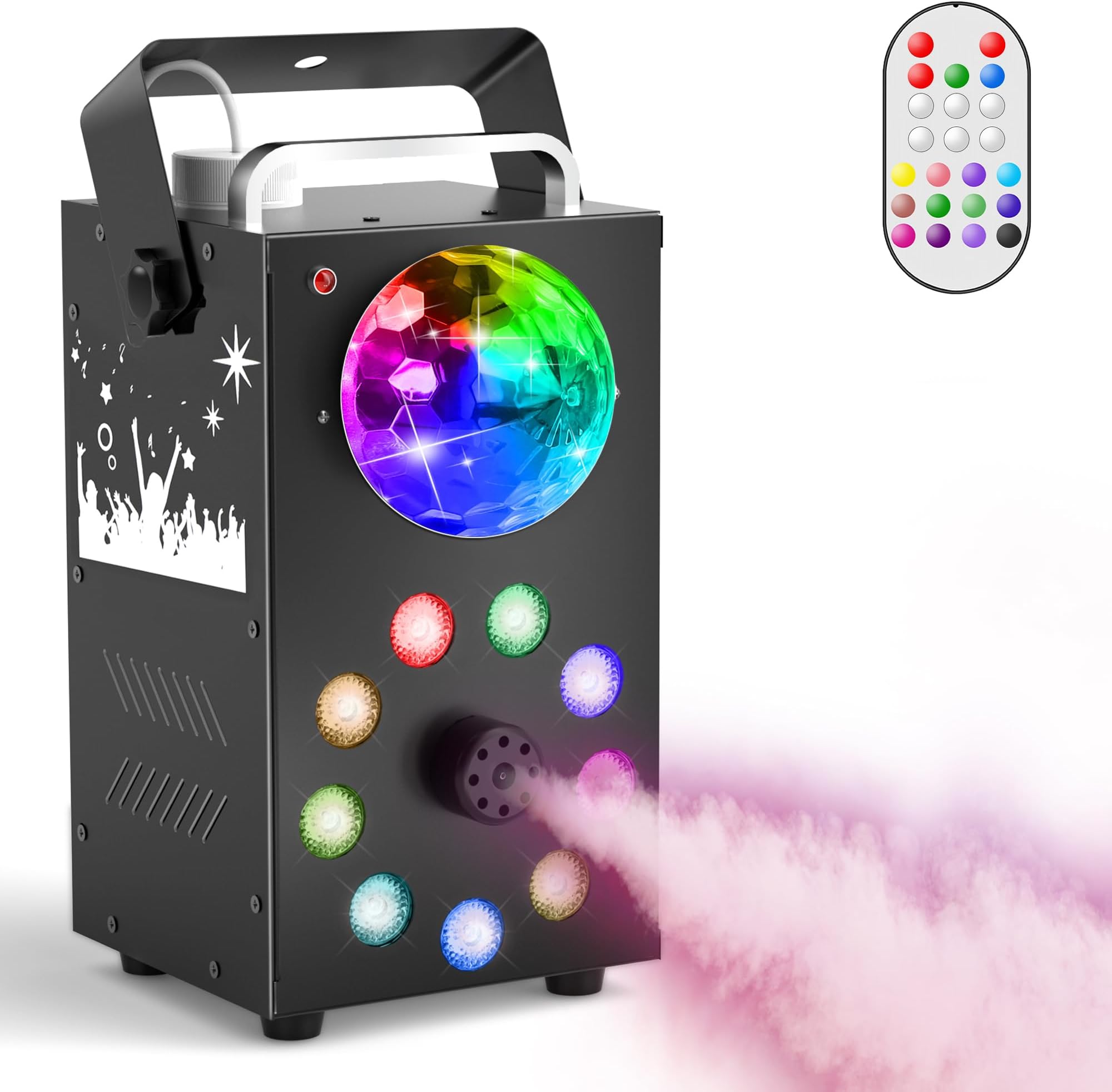 Fog Machine, 700W Smoke Machine with 3500 CFM Fog, 9 LED Colorful Lights and Disco Ball Light with Auto & Strobe Effect, Halloween Fog Machine with Remote Control for Stage Party DJ Concert Wedding
