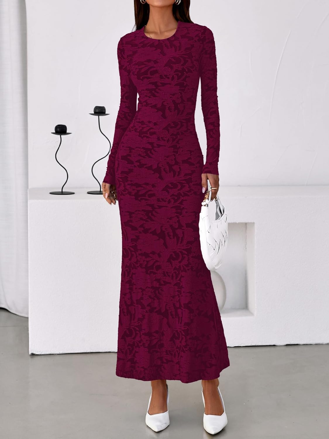 BTFBM Wedding Guest Dresses for Women 2026 Spring Elegant Floral Lace Ruched Long Sleeve Bodycon Cocktail Party Maxi Dress - Image 2