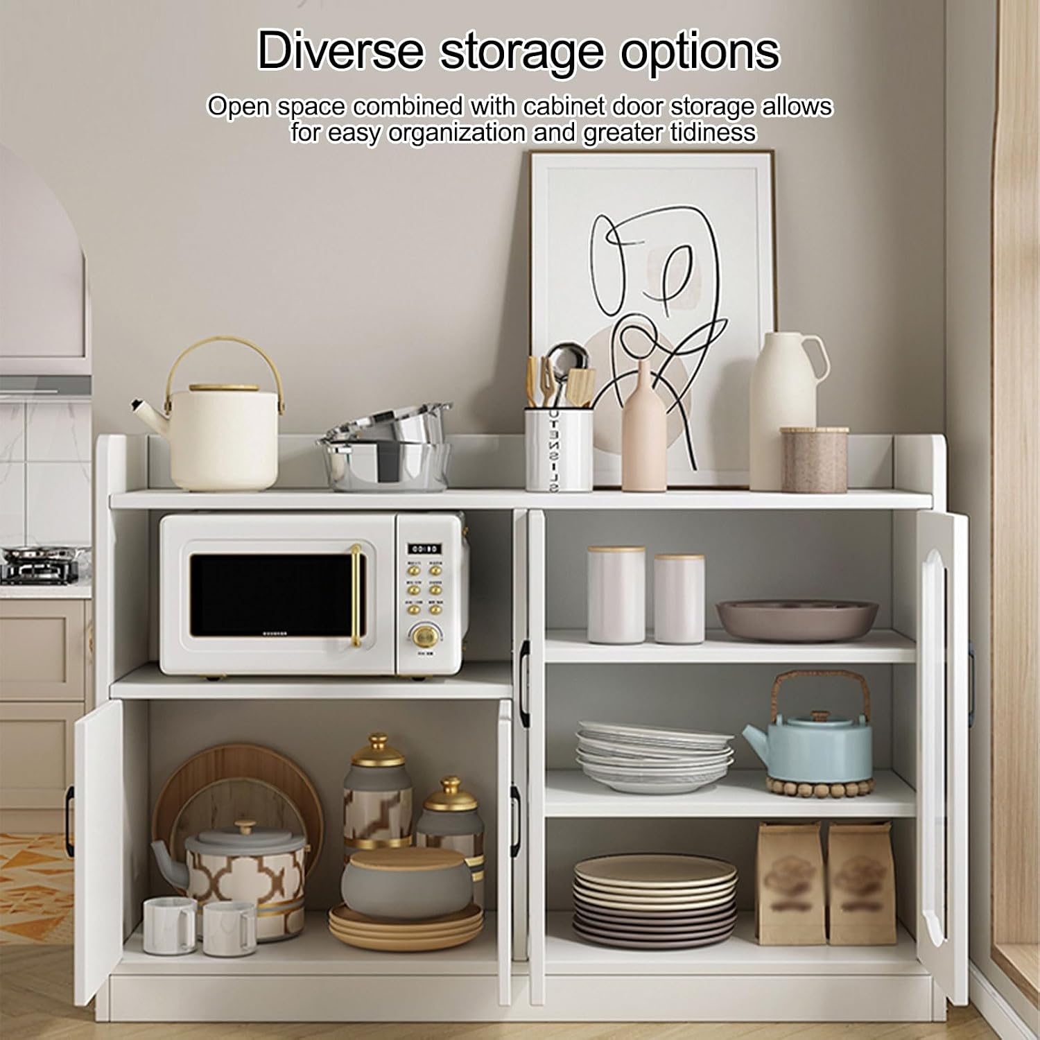 Pantry Storage Cabinet, with Adjustable Shelf, Sideboard with Buffet Cupboard,Farmhouse Coffee Bar Station Doors and Shelves for Dining Room(White,60cm/23.6in)