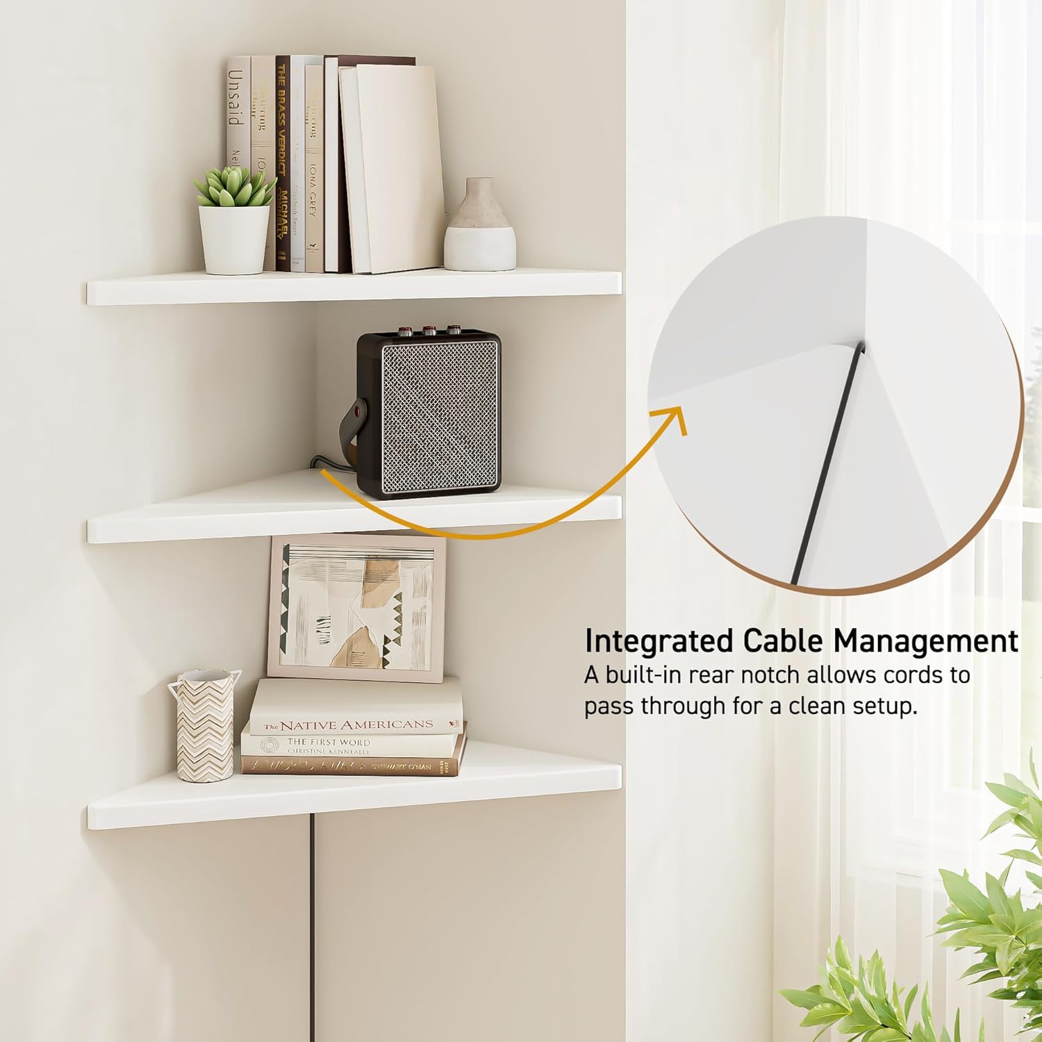 Corner Shelf Wall Mount, Engineered Wood Floating Corner Shelves with Cable Hole, Wall Mounted Storage Display for Bathroom, Bedroom, Living Room, Kitchen (12in, White, Triangle Shape)