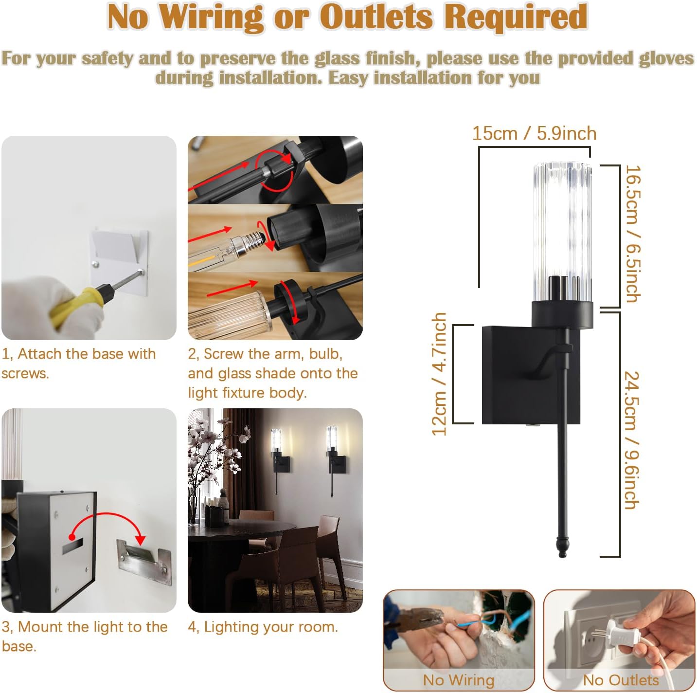 Battery Operated Wall Sconces Set of Two, Black Rechargeable Wall Sconce with Dimmable Remote Control, 16 Inch Wireless Sconce 2700K Wall Light for Bedroom, Living Room (Bulbs Included)