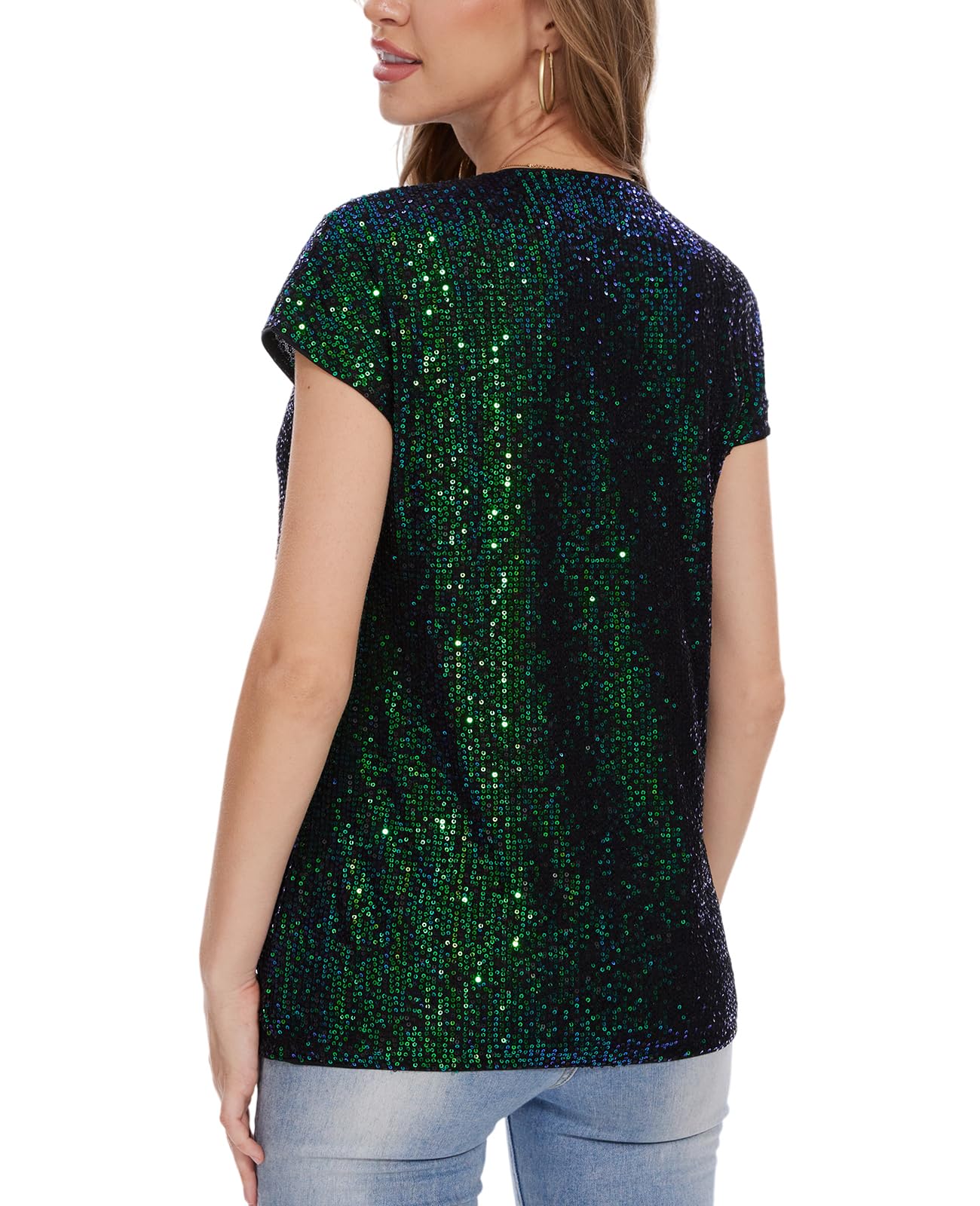 Blusa de lentejuelas brillantes para mujer, manga casquillo, cuello en V, blusa tipo túnica con lentejuelas con purpurina, holgada, casual, fiesta