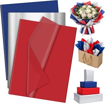 60 Sheets Patriotic Red Blue Silver Tissue Paper, 4th of July Decorative Art Paper for DIY Crafts Independence Day Memorial Day Party Decorations, 14 x 20 Inch