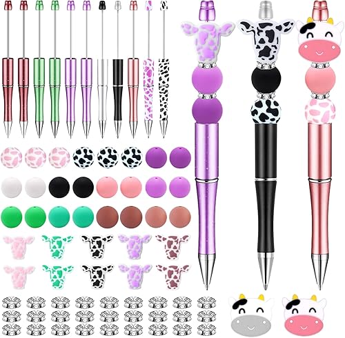 KJMYYXGS Juego de 12 bolígrafos de cuentas a granel, kit de bolígrafos de cuentas de vaca con cuentas de silicona, bolígrafos de plástico surtidos
