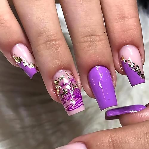Uñas postizas cuadradas a presión, uñas postizas largas en forma de ataúd, líneas moradas, uñas postizas con diseño de lámina dorada, uñas postizas