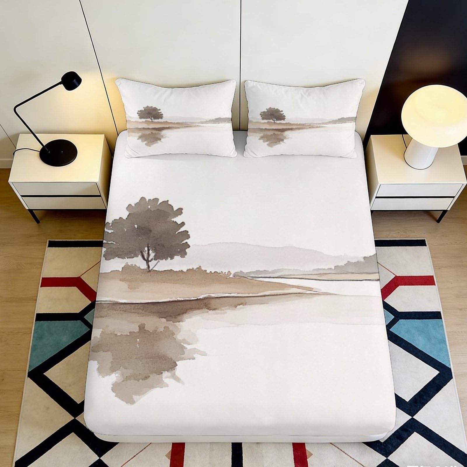 3D Printed Watercolor Landscape Fitted Sheet Microfiber Bedroom Decor Lake Reflection Mattress Cover for Home 90x200x25cm