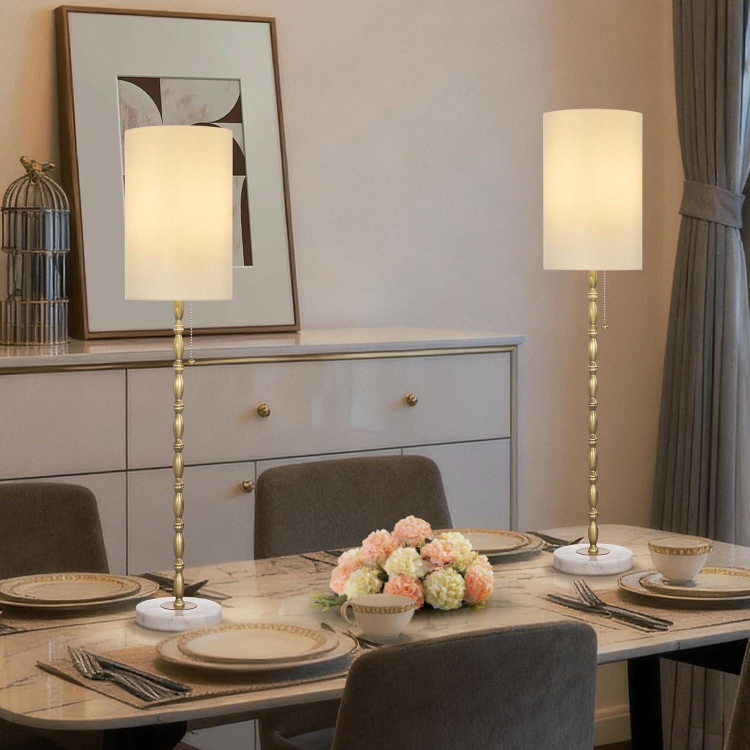 31" Buffet Lamps Set of 2 for Living Room, Tall Skinny Buffet Table Lamps with Marble Base, Gold Lamp Set of 2 for Credenza, Fireplace, Mid-Century Gold Candlestick Lamp for Bedroom