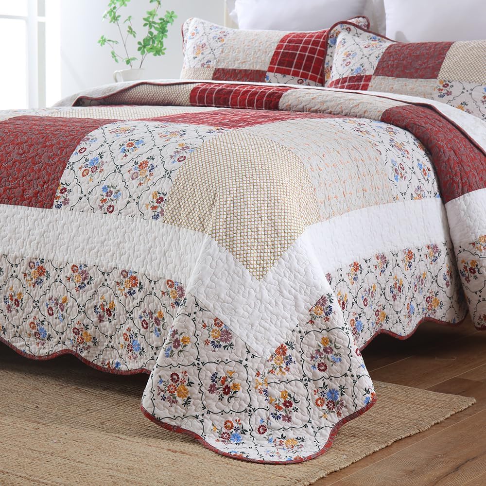 Cotton Bedspread Quilt Bedding Sets 3 Pieces Reversible Coverlet Sets Comforters Vintage Red White Rose Floral Patchwork Bedspread, Queen Size - Image 6