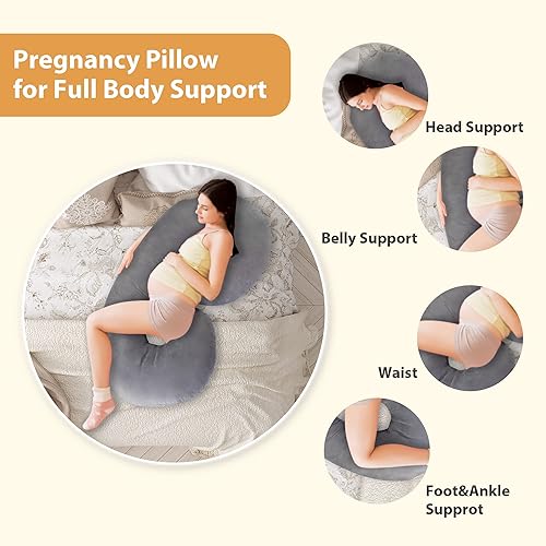 Miniatura 3 de Almohadas de embarazo en forma de C, almohada de maternidad de cuerpo completo de 53 pulgadas con funda de terciopelo lavable, almohada de apoyo de