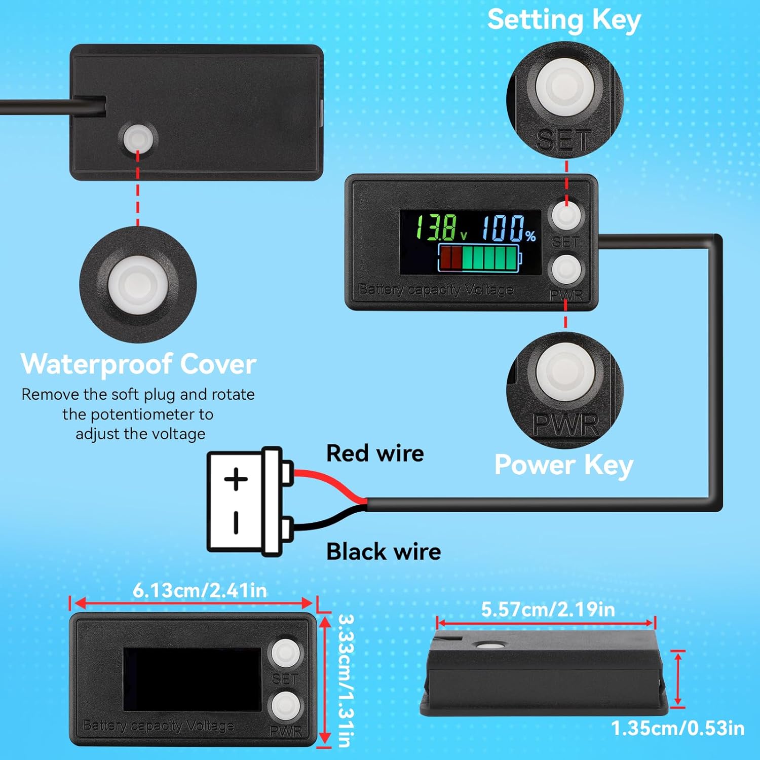 Diagram showing the DROK Battery Monitor with its setting key, power key, waterproof cover, and wiring connections (red wire to positive, black wire to negative). Dimensions are also shown: 6.13cm/2.41in length, 3.33cm/1.31in width, 1.35cm/0.53in depth.
