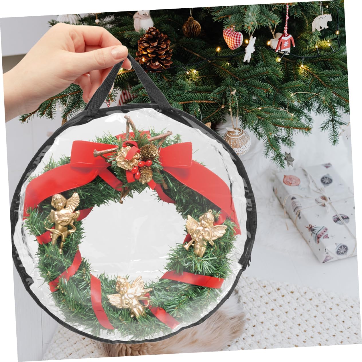 Cabilock Christmas Wreath Storage Bag Transparent Zippered Pouch with Handle Garland Organizer for Holiday Decorations Party Supplies Storage