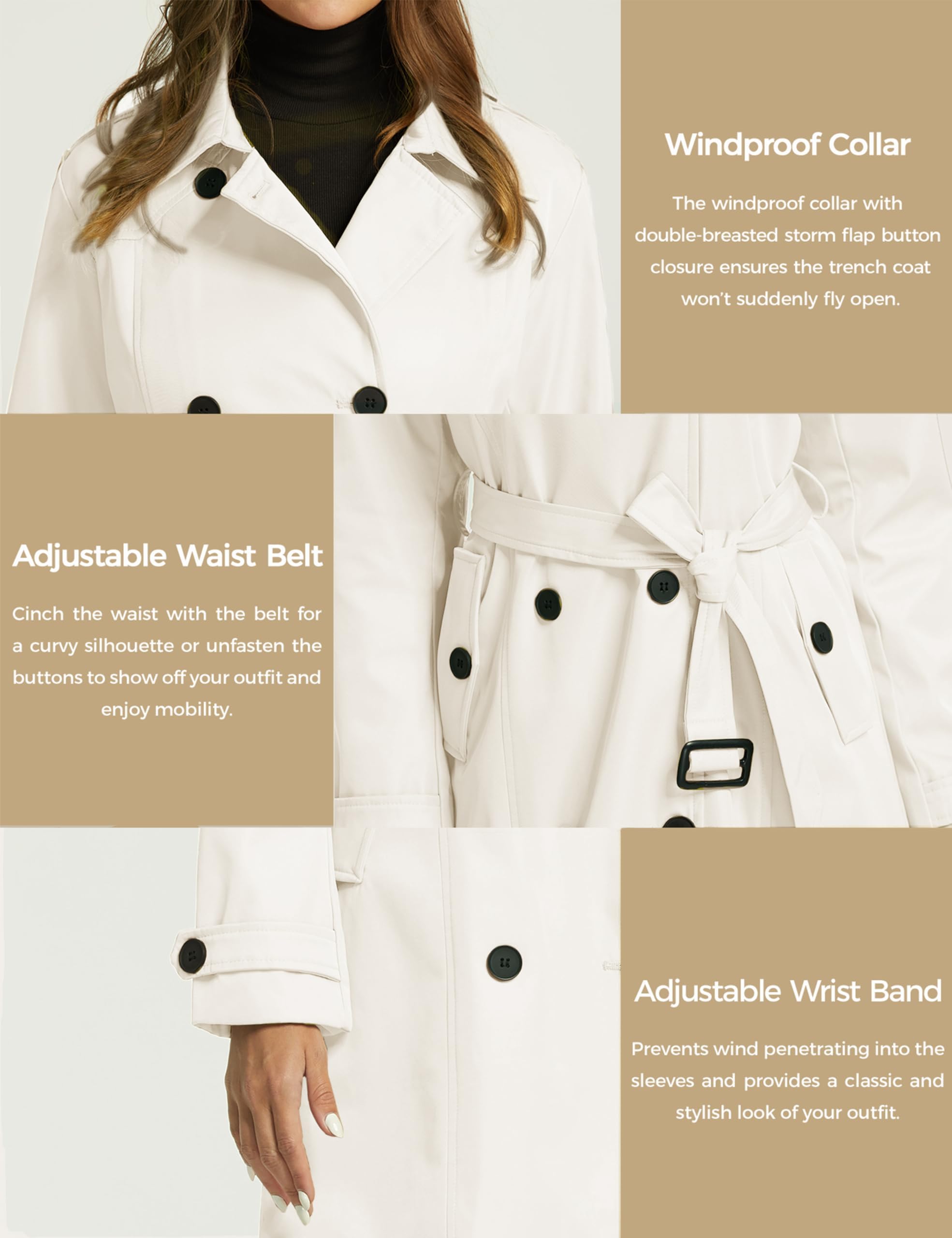 Wantdo Gabardina Mujer Abrigos para Mujer Invierno Clásica Doble Botonadura con Cinturón Abrigo Trench Antiviento Chaqueta Impermeable Primavera Entretiempo Solapa Slim Fit Cazadora