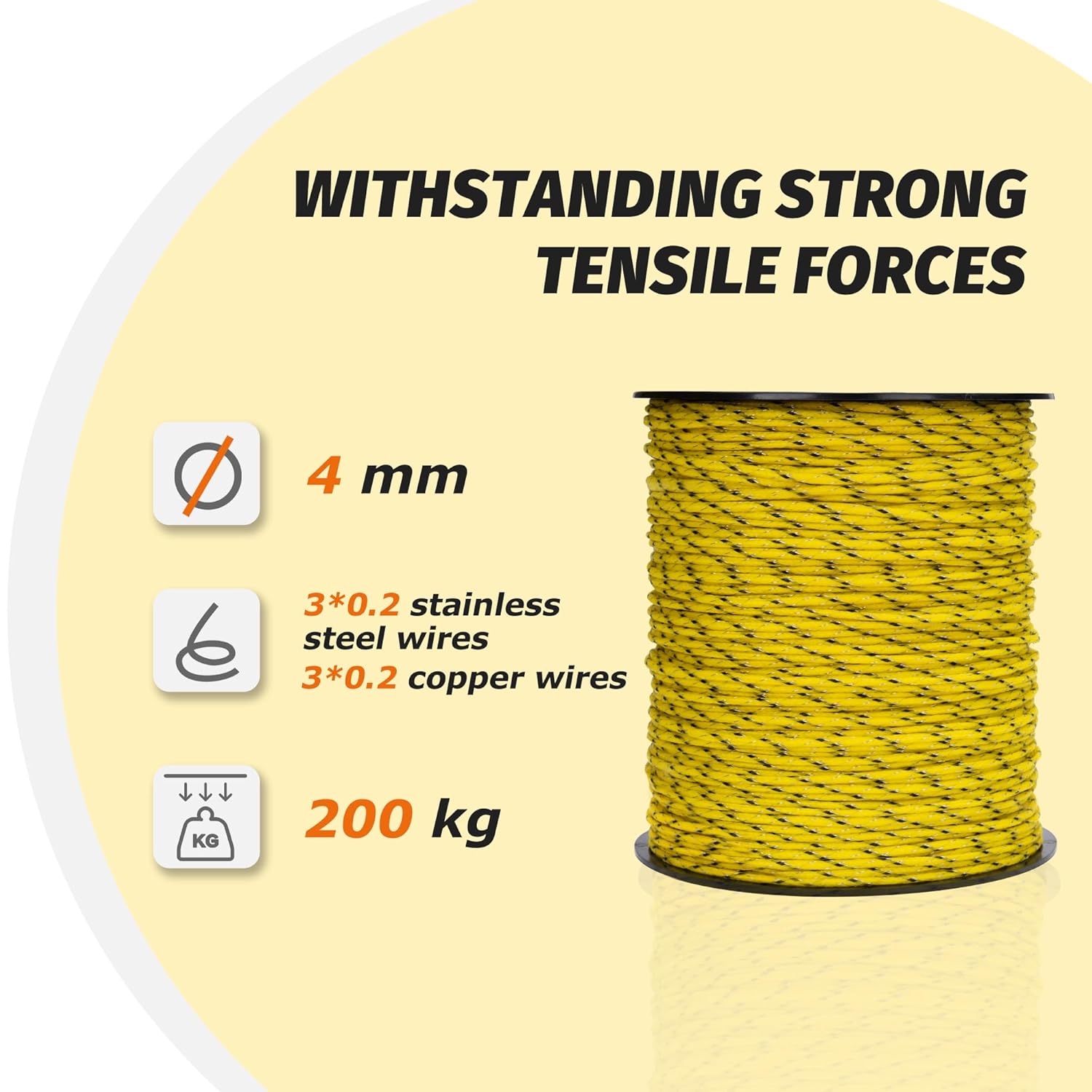 Electric Fence Wire, Braided Polyrope 1312 Feet, 4mm Diameter, Portable 6 Braided Copper and stainlee Steel Strength 200kg, Reliable Conductivity and Rust Resistance, Horse Fencing