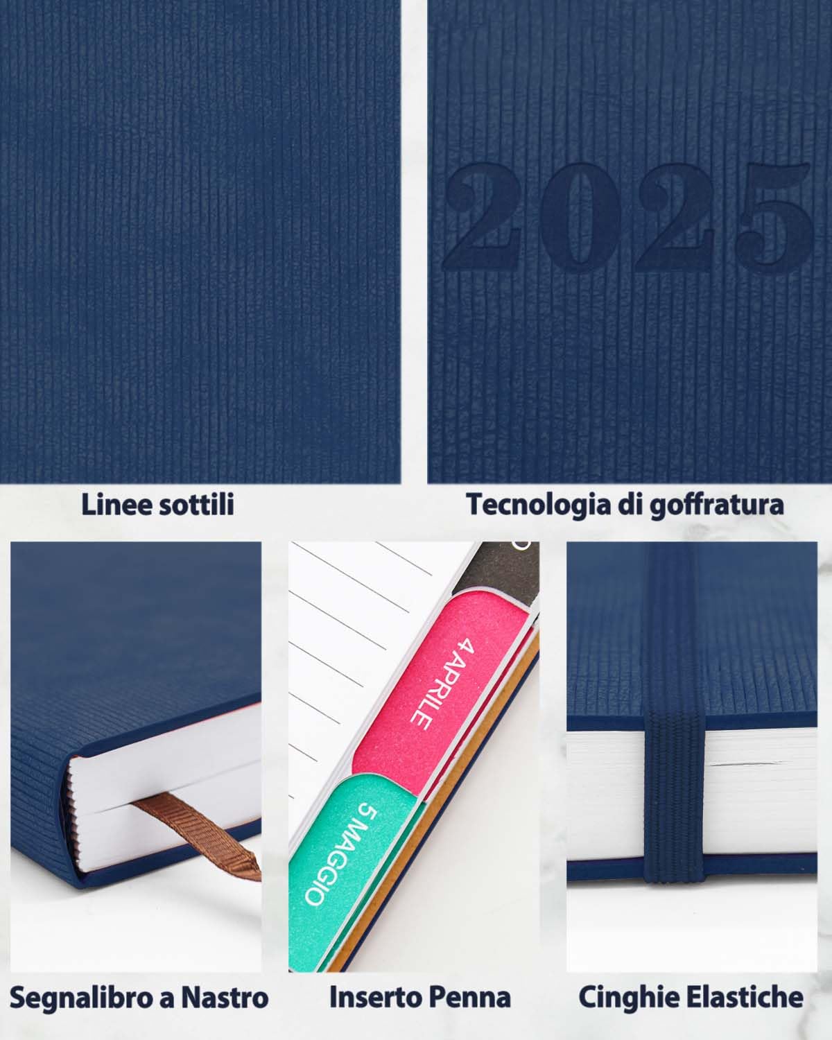 HW CASA Agenda 2025 Giornaliera,Formato A5,200 Pagine,Copertina Rigida in Pelle Scamosciata in PU,Passante per Penna e Elastico,con Pagina Singola ed Etichette Mensili Colorate e Piano Mensile,Blu
