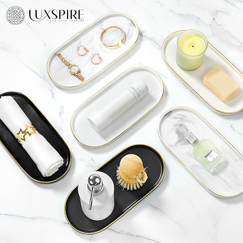 Miniatura 7 de Luxspire Bandeja de tocador de baño, plato de cerámica para joyas con borde dorado, bandeja decorativa para encimera, fregadero, organizador de