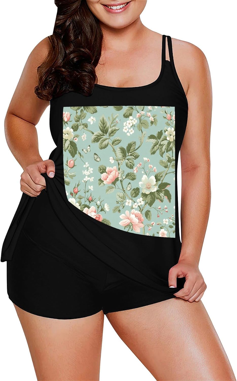 Floral Pattern Style Tankini Swimsuits for Women Tummy Control Two Piece Bathing Suits Swim Tops with Boy Shorts