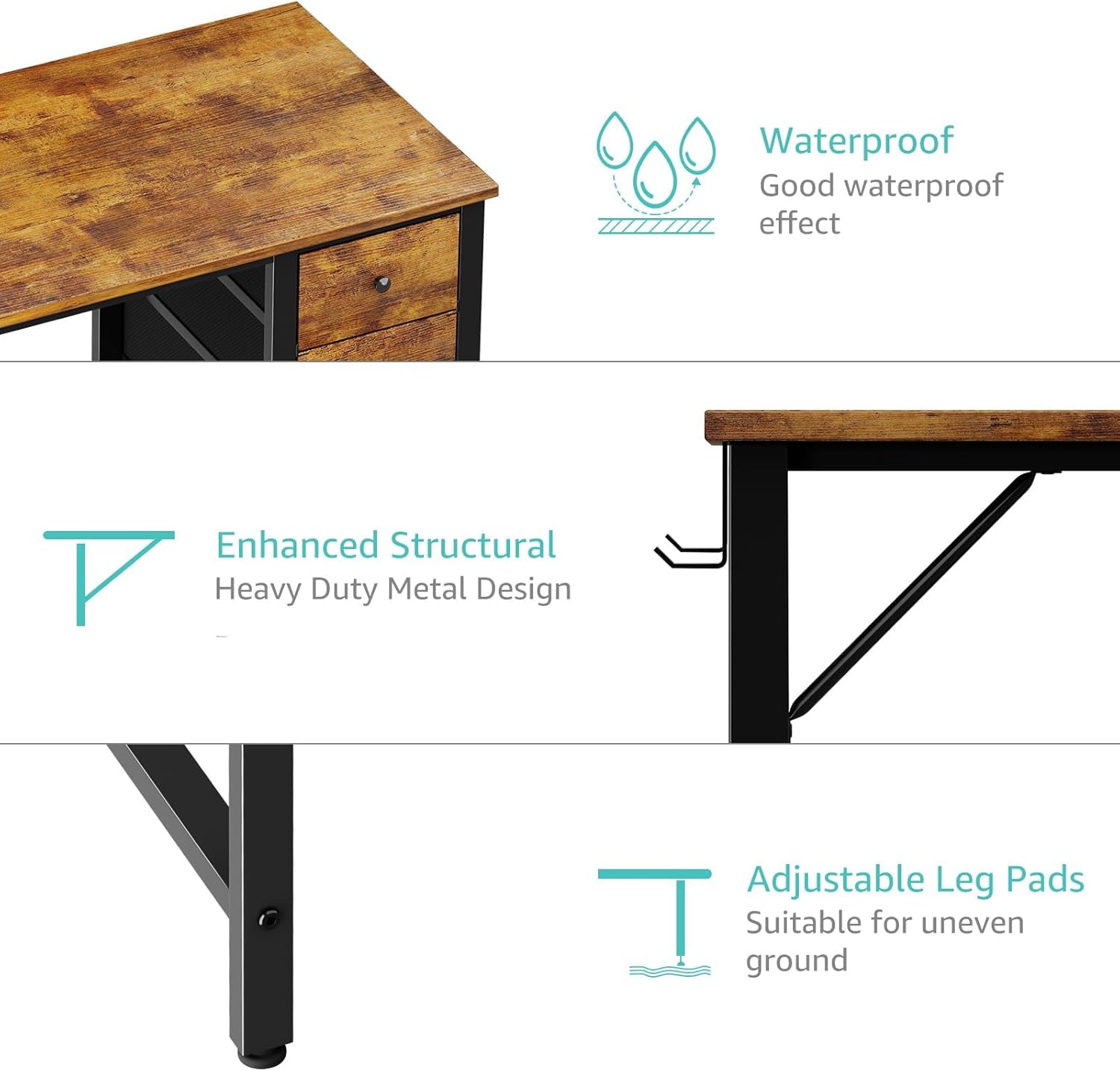Diagram illustrating the waterproof effect of the desktop, enhanced structural design, and adjustable leg pads of the Lufeiya Computer Desk.