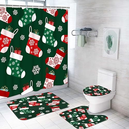 ArtSocket Juego de cortina de ducha de Papá Noel azul con alfombras, juego de baño con alfombra antideslizante, cubierta para tapa de inodoro, disponible en Yaxa Colombia