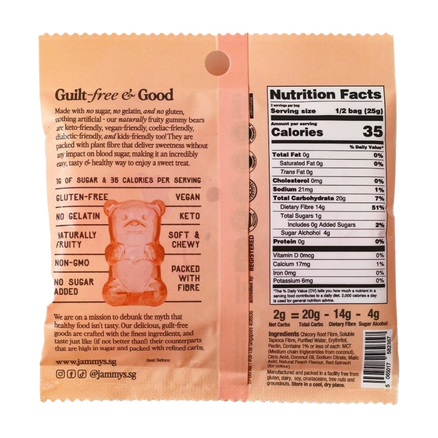 Jammy's™ - Peach Gummy Bears | Sugar-Free & Vegan-Friendly | Keto-Friendly, Gluten-Free, Low Carb, High Fibre & Naturally Fruity | Delicious, Soft & Chewy | Box of 6 x 50g Bags